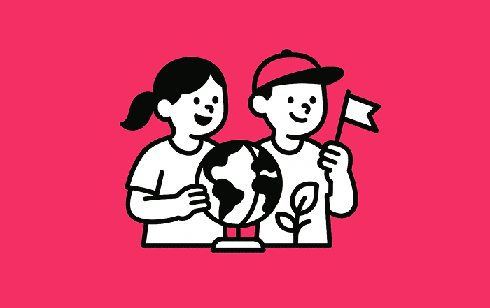 Dos niños observan un globo terráqueo y una planta, uno sostiene una bandera, representando el estudio de la sociedad, la cultura y el territorio.
