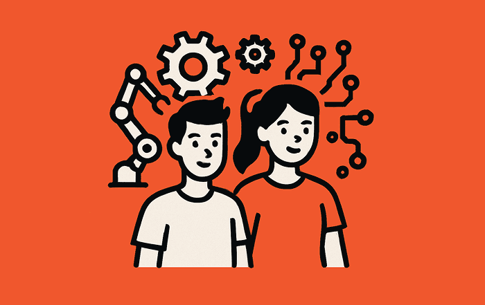 Dos estudiantes rodeados de engranajes, circuitos y un brazo robótico, simbolizando la cuarta revolución industrial y la automatización tecnológica.