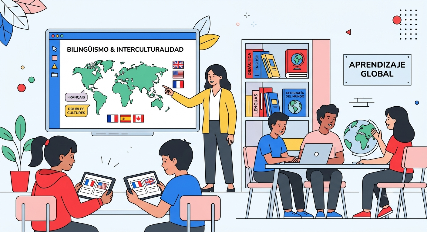 Ilustración vectorial de un aula escolar donde estudiantes y una profesora interactúan con tecnología, mapas y banderas para aprender idiomas.
