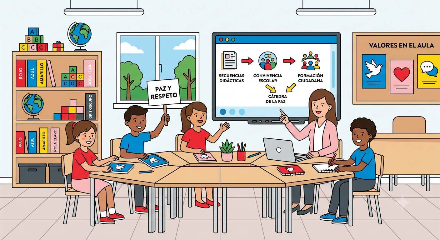 Ilustración vectorial de un aula moderna donde docente y estudiantes interactúan con una pantalla sobre Cátedra de la Paz y Convivencia Escolar.