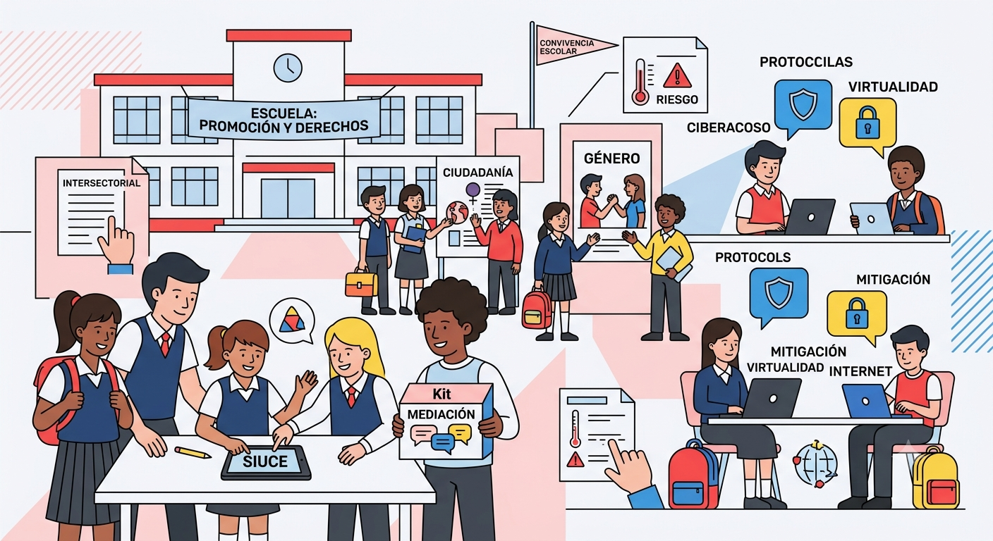 Ilustración vectorial plana de estudiantes en una escuela participando en actividades sobre convivencia, tecnología, ciudadanía y derechos.