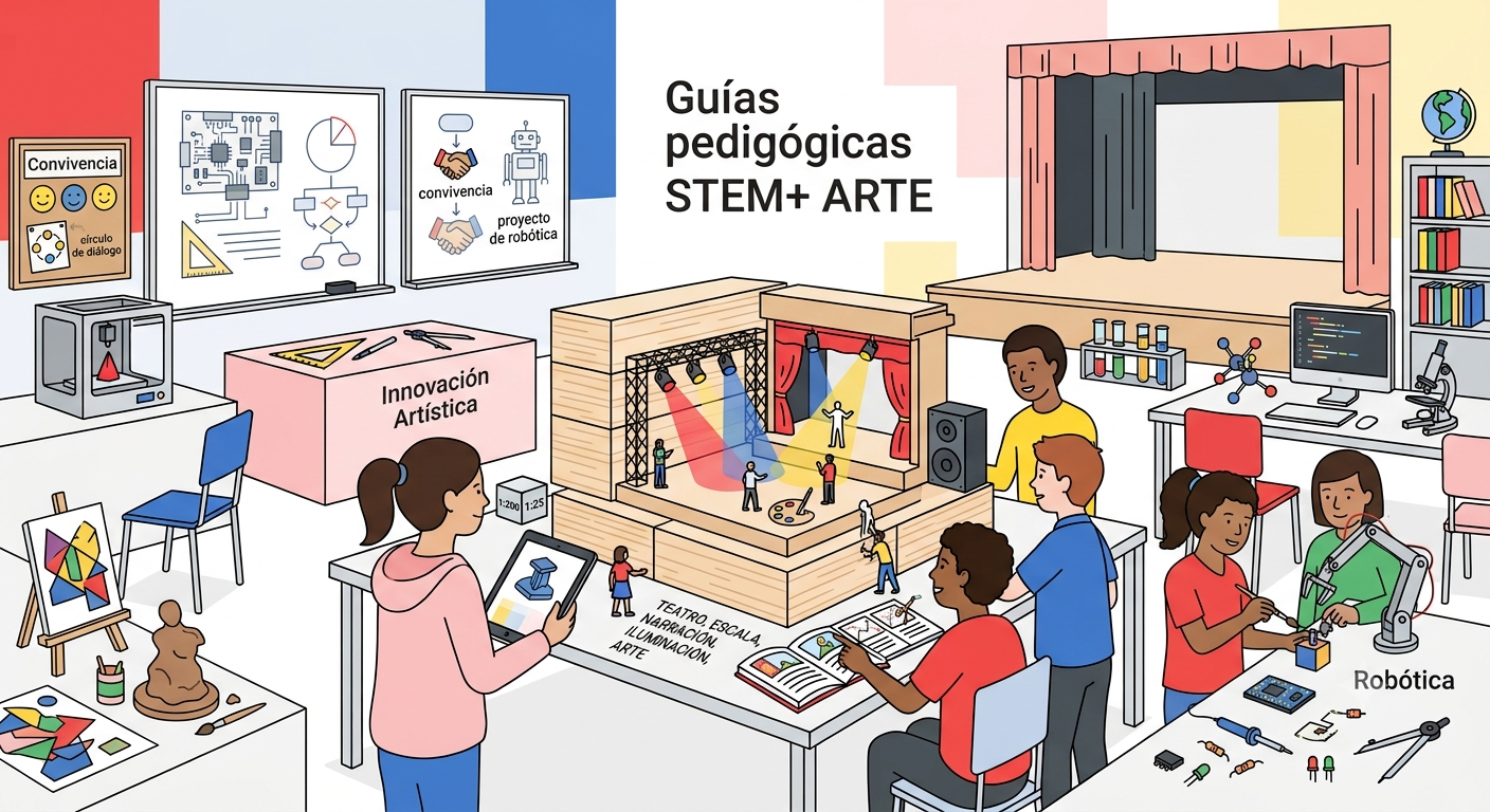 Ilustración moderna que representa un aula dinámica con el título central: 'Guías pedagógicas para el enfoque STEM+ en el aula'. Muestra iconos y figuras de estudiantes y docentes colaborando y experimentando con herramientas de matemáticas, ciencias, y tecnología como microscopios, libros, y engranajes, rodeando el texto principal.