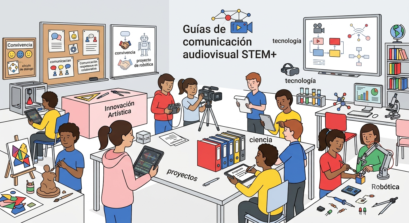 Ilustración educativa estilo plano de un aula STEM+ con el título "Guías de comunicación audiovisual STEM+". Estudiantes colaboran en diversas zonas temáticas: un estudio de video y diseño gráfico (izquierda), una zona de proyectos y ciencia (centro), y un taller de robótica y tecnología con realidad virtual (derecha), rodeados de herramientas como cámaras, impresoras 3D, y computadoras.