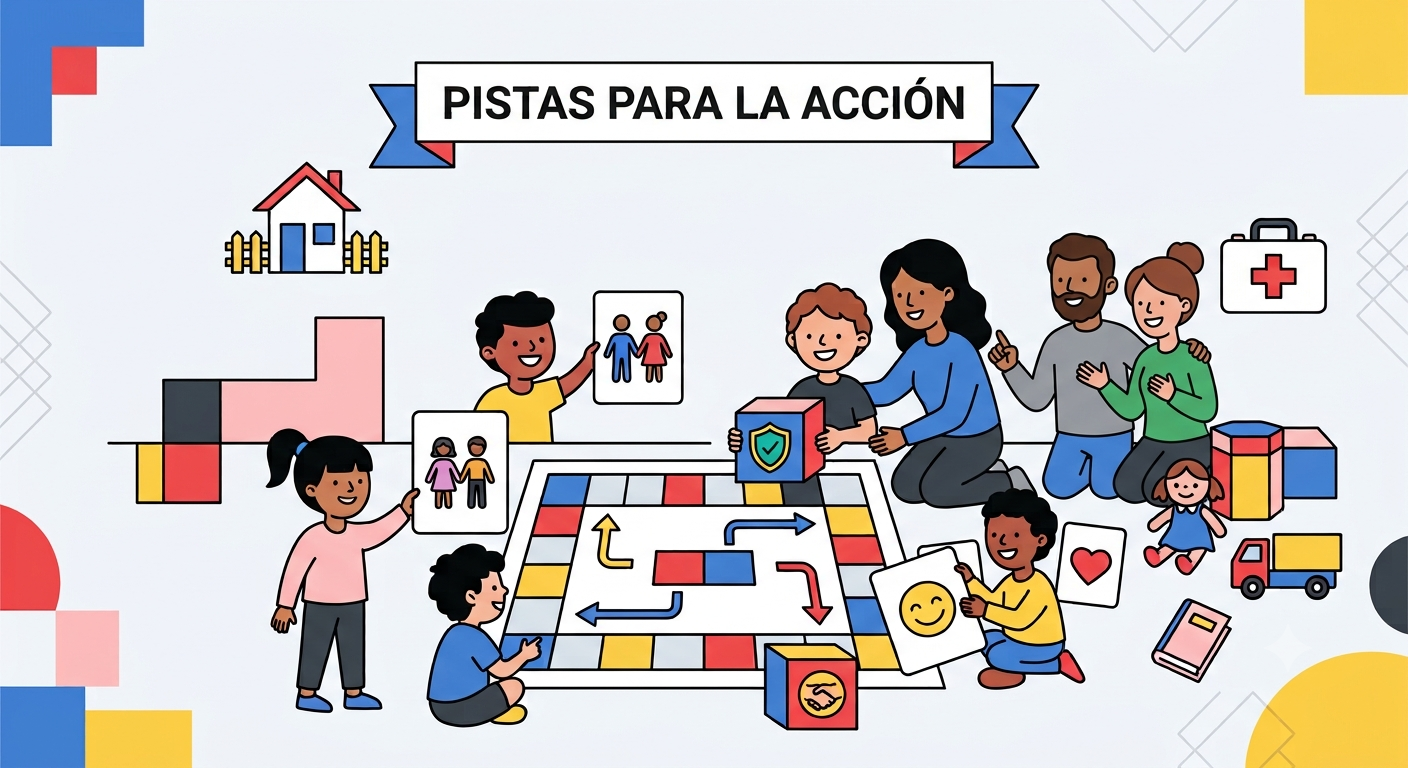 Ilustración plana de niños y padres jugando en el suelo, evocando un ambiente protector, bloques de color y banner 'Pistas para la acción'