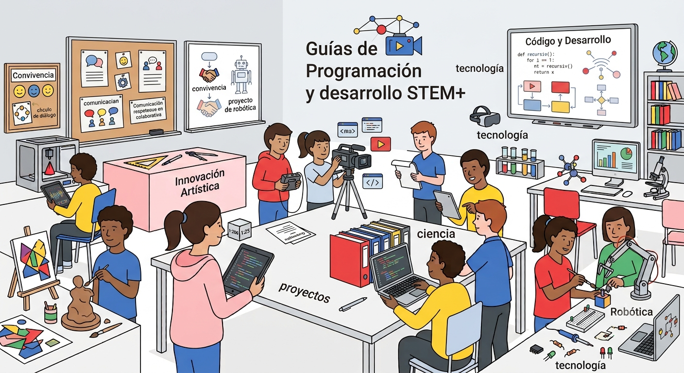 Ilustración en estilo plano de un aula STEM+ con el título "Guías de Programación y desarrollo STEM+". Varios estudiantes colaboran en diferentes estaciones de trabajo que incluyen un estudio de video, impresión 3D, desarrollo de software, robótica, realidad virtual, ciencias y diseño gráfico, rodeados de herramientas tecnológicas y educativas.
