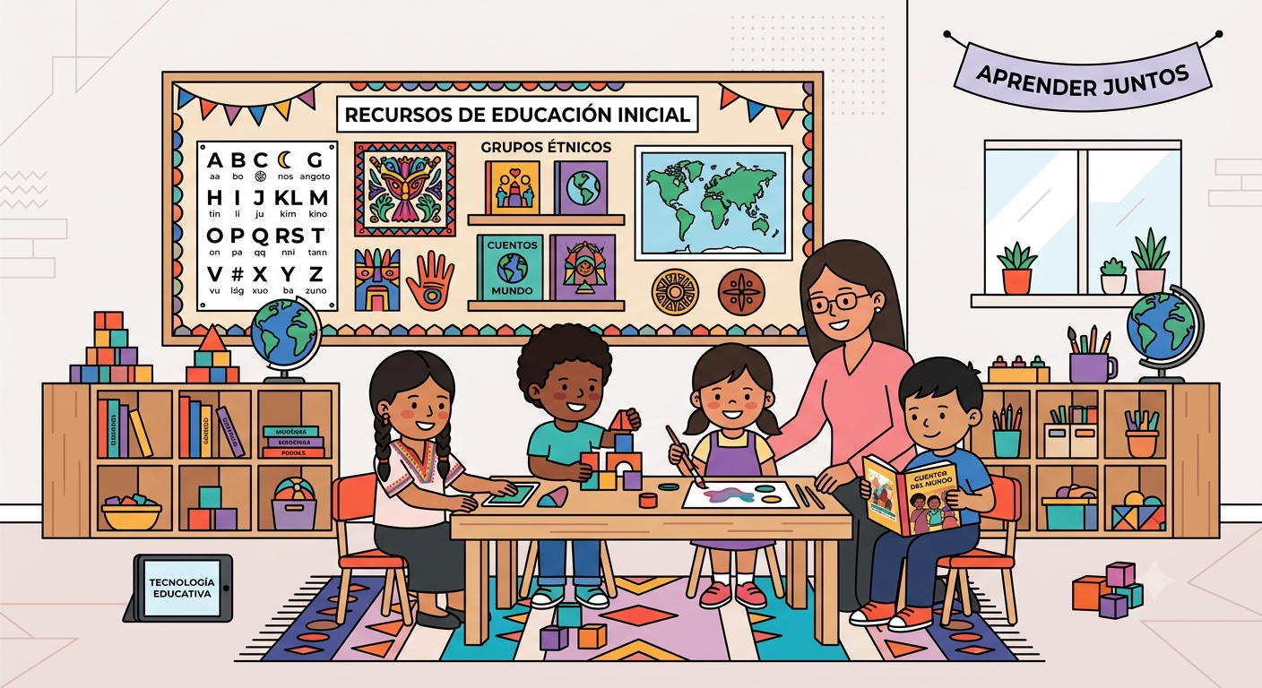 Ilustración de un aula de educación inicial con diversidad étnica: niños y maestra realizan actividades educativas con bloques, pintura y tecnología.