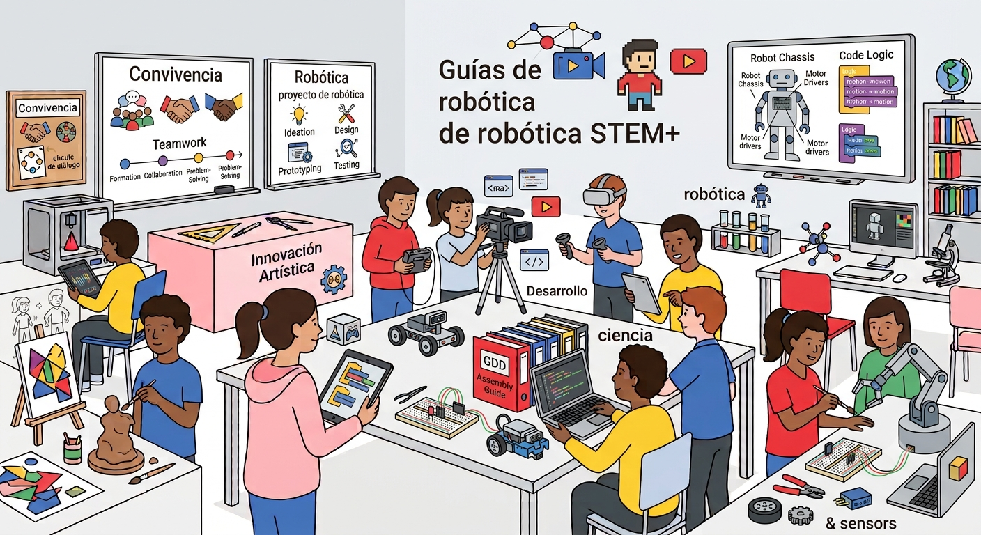 Ilustración en estilo plano de un aula STEM+ moderna y dinámica. Varios estudiantes colaboran en diferentes estaciones de trabajo que incluyen impresión 3D, desarrollo de software, realidad virtual, robótica, ciencias y diseño artístico. El título central es "Guías de robótica STEM+". La imagen está llena de herramientas tecnológicas y educativas como computadoras, tablets, robots, microscopios y un gran panel de "Convivencia" y "Robótica".