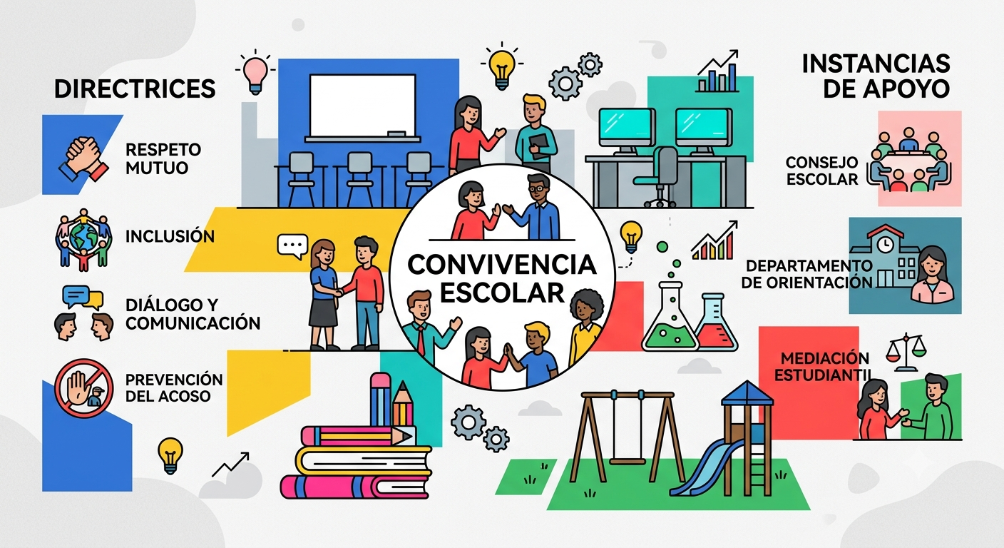 Ilustración vectorial plana sobre convivencia escolar, con conceptos como respeto, inclusión y diálogo junto a elementos de aulas y estudiantes.