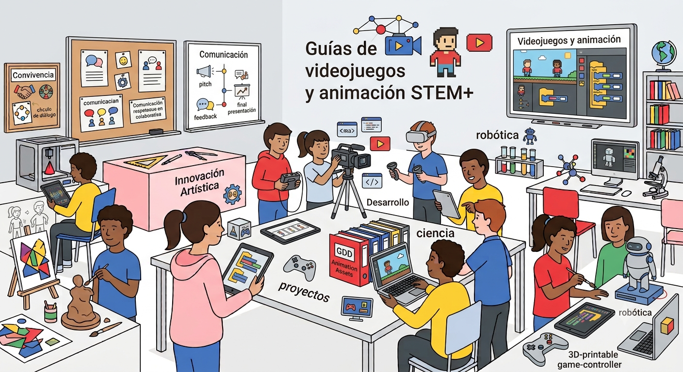 Ilustración de estilo plano que representa un aula moderna y colaborativa centrada en el desarrollo de videojuegos y animación STEM+. Varios estudiantes trabajan en grupos en diferentes estaciones de trabajo que incluyen un estudio de grabación con cámara, realidad virtual, modelado 3D, robótica, programación y diseño artístico. El título central es "Guías de videojuegos y animación STEM+". La imagen está llena de herramientas tecnológicas y educativas como computadoras, tablets, una impresora 3D, y kits de