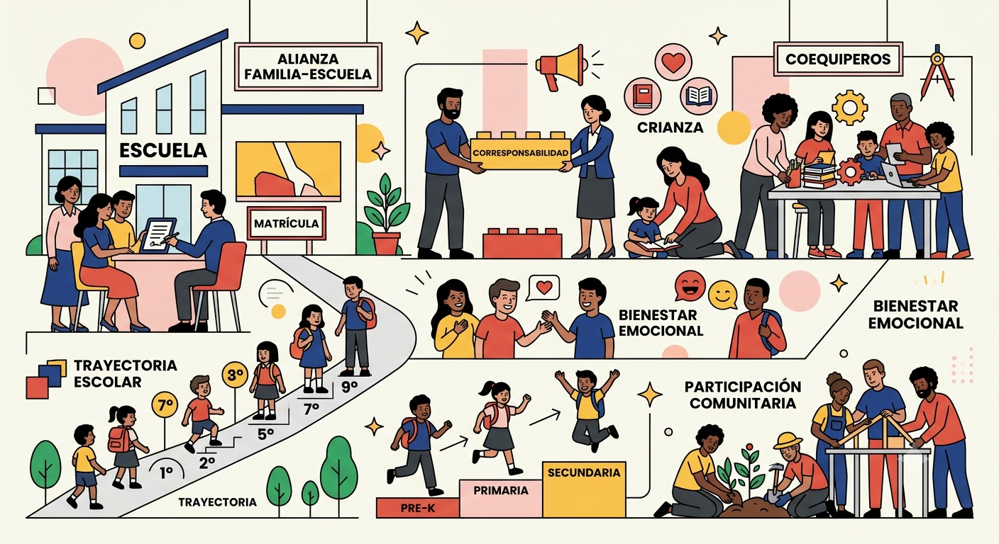Ilustración vectorial plana sobre alianza familia-escuela, corresponsabilidad y trayectoria escolar en colores rojo, azul y amarillo.