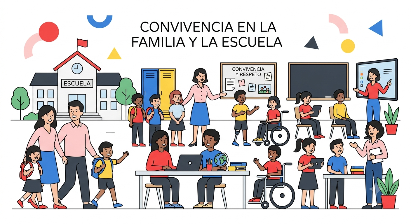 Ilustración vectorial plana sobre la convivencia entre la familia y la escuela, con estudiantes y profesores en un entorno educativo.