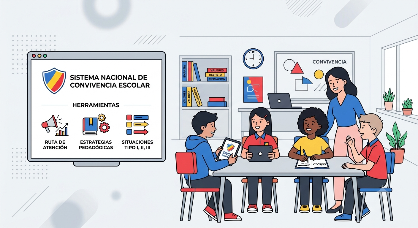 Ilustración vectorial plana de estudiantes y docente interactuando en un aula, junto a una pantalla con herramientas del Sistema Nacional de Convivencia Escolar.