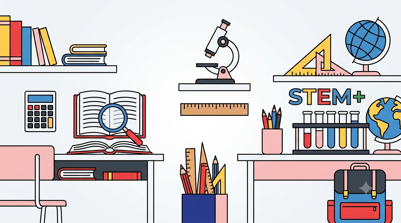  Ilustración en estilo plano de una colorida aula o estudio de ciencias y matemáticas STEM+, con estanterías y escritorios llenos de libros, un microscopio, material de laboratorio, globos terráqueos, una calculadora, herramientas de dibujo y una mochila.