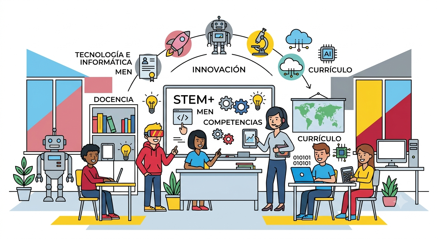 Ilustración de un entorno escolar interactivo con conceptos de informática, docencia, competencias y tecnología educativa.