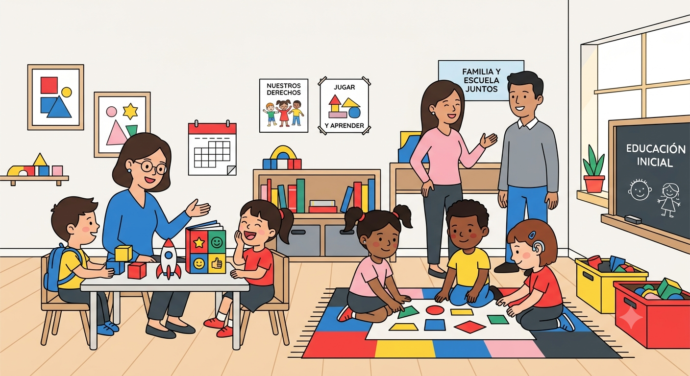 Ilustración vectorial de un aula de educación inicial con niños diversos, docente y familia compartiendo en un ambiente dinámico.