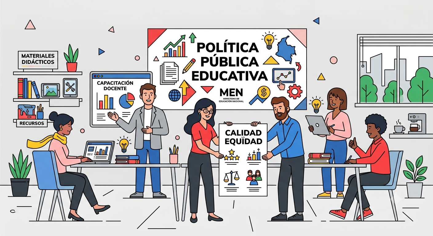 Ilustración vectorial de docentes en una capacitación sobre política pública educativa, calidad y equidad, con gráficos y material didáctico en un ambiente moderno.