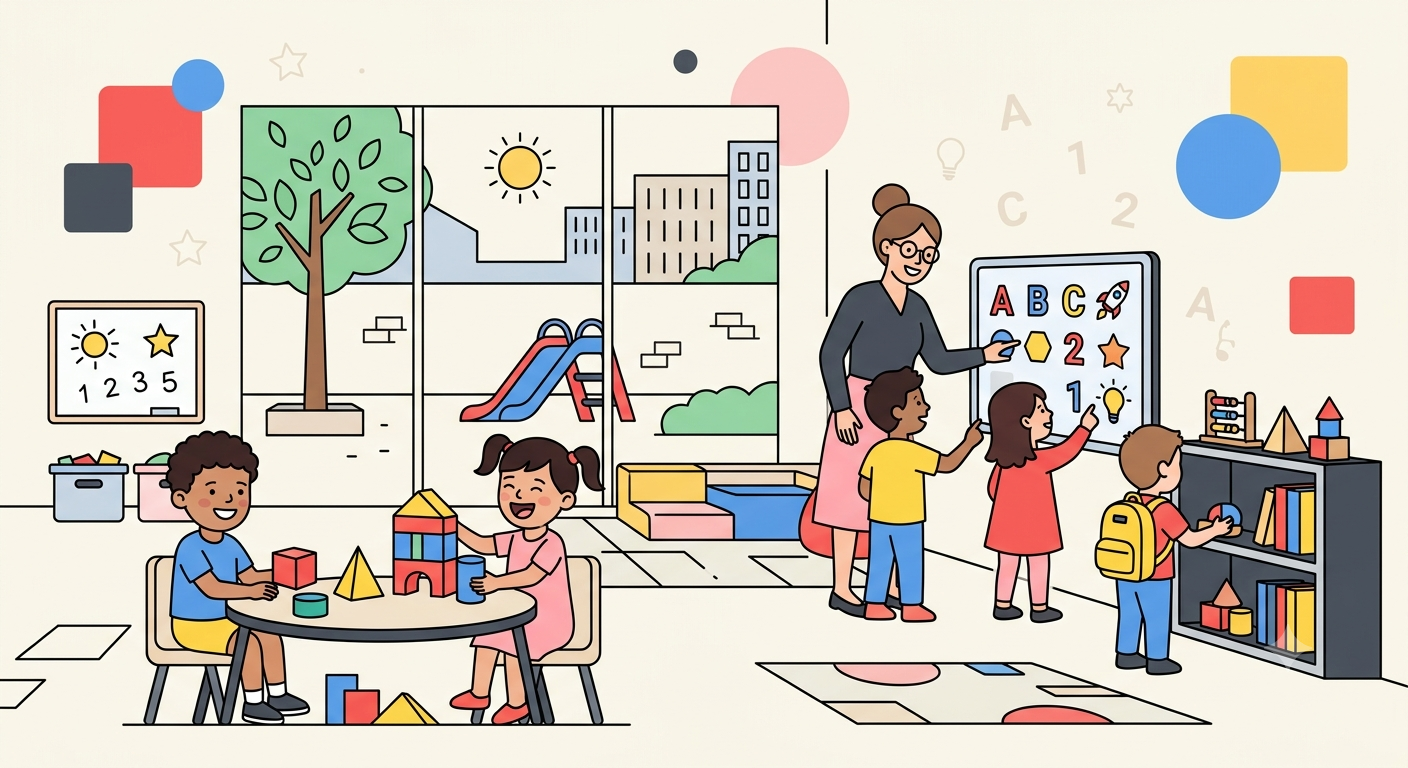 Ilustración vectorial plana de un aula de primera infancia con niños y una maestra interactuando con bloques y pantallas, en estilo visual SaaS moderno y colores primarios sobre fondo despejado.