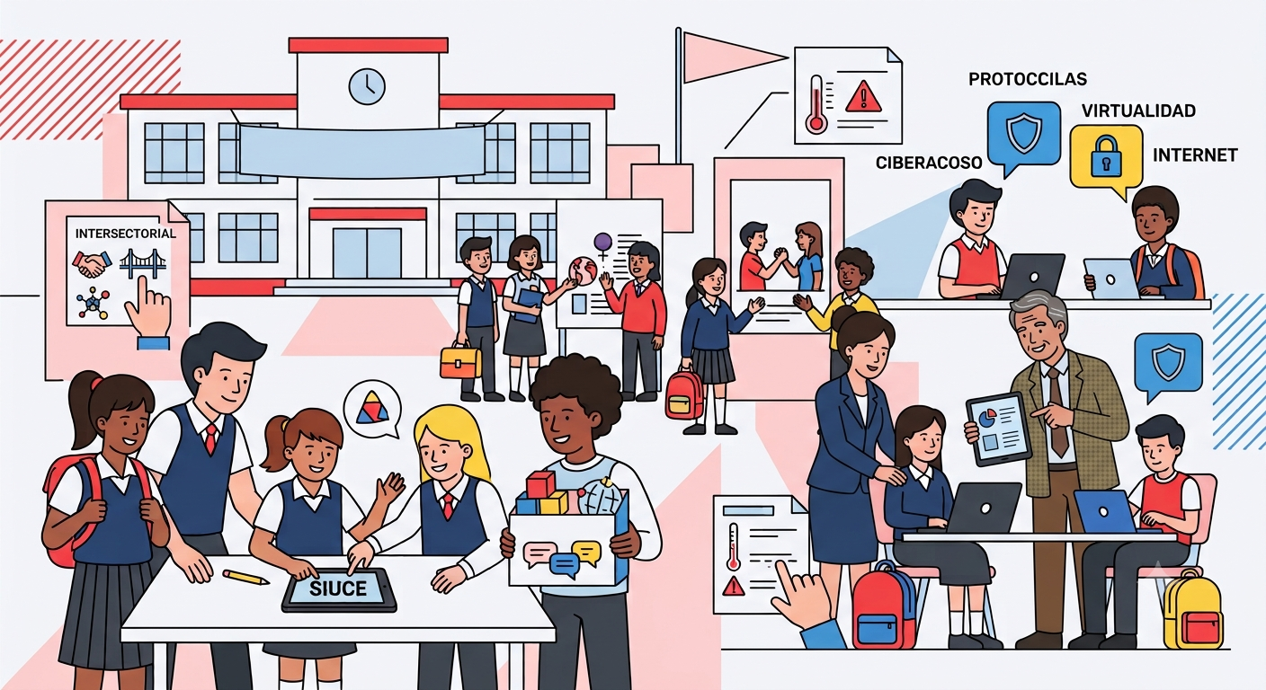 La ilustración utiliza una paleta de colores vibrantes y formas geométricas para guiar la vista a través de las diferentes actividades y temas, con un enfoque en la inclusión y la colaboración dentro del entorno escolar.