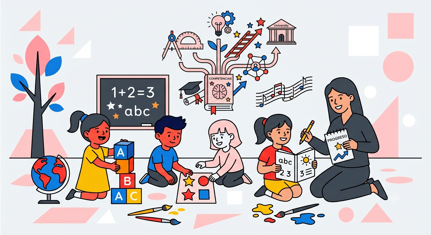 Ilustración vectorial plana de niños en un aula aprendiendo con juguetes y una maestra, bajo un gráfico conceptual de desarrollo académico.