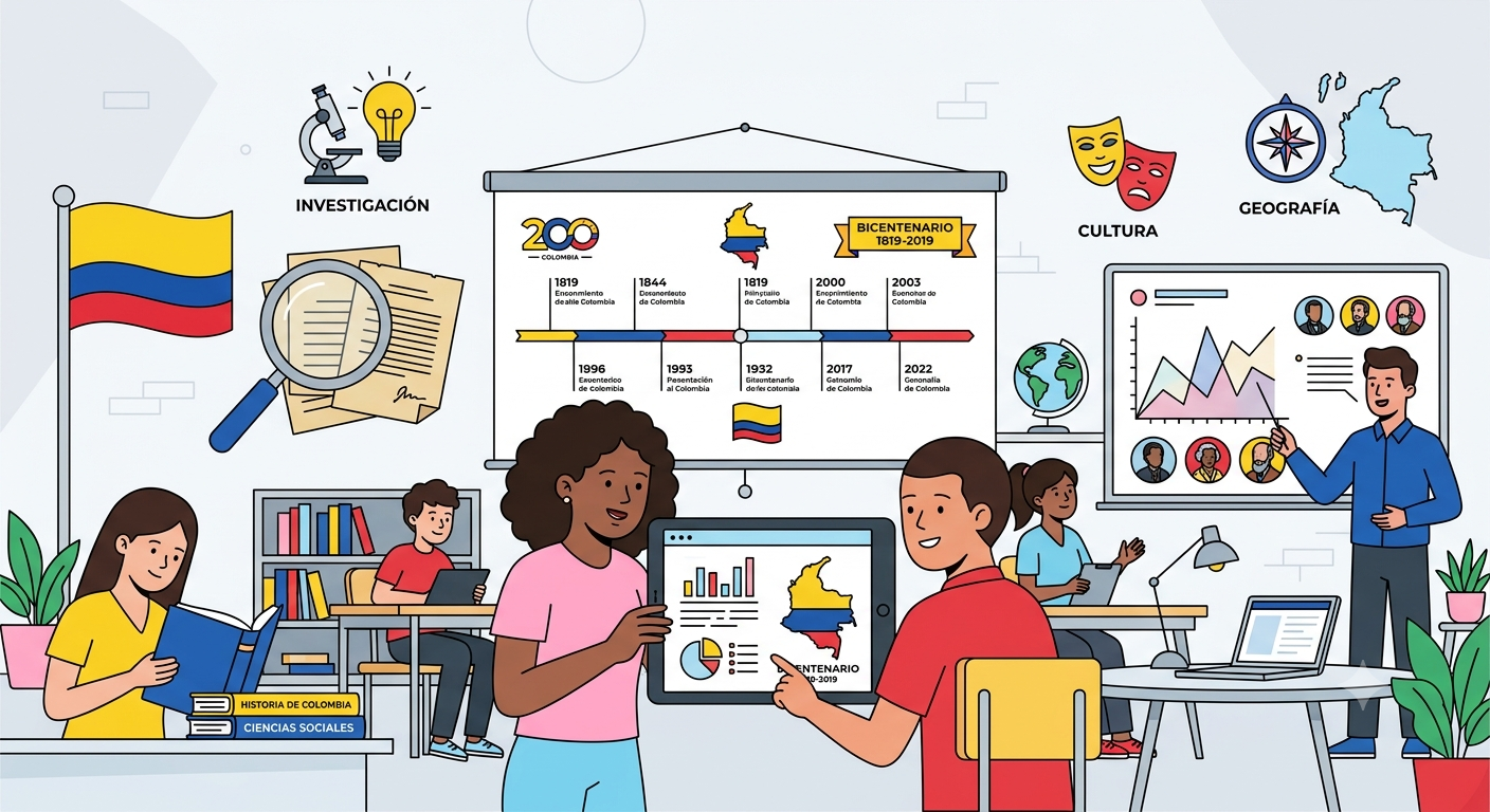 Ilustración vectorial de un salón de clases interactivo sobre ciencias sociales e historia de Colombia, con estudiantes usando tabletas y pantallas con mapas, datos del Bicentenario y lupas de investigación.