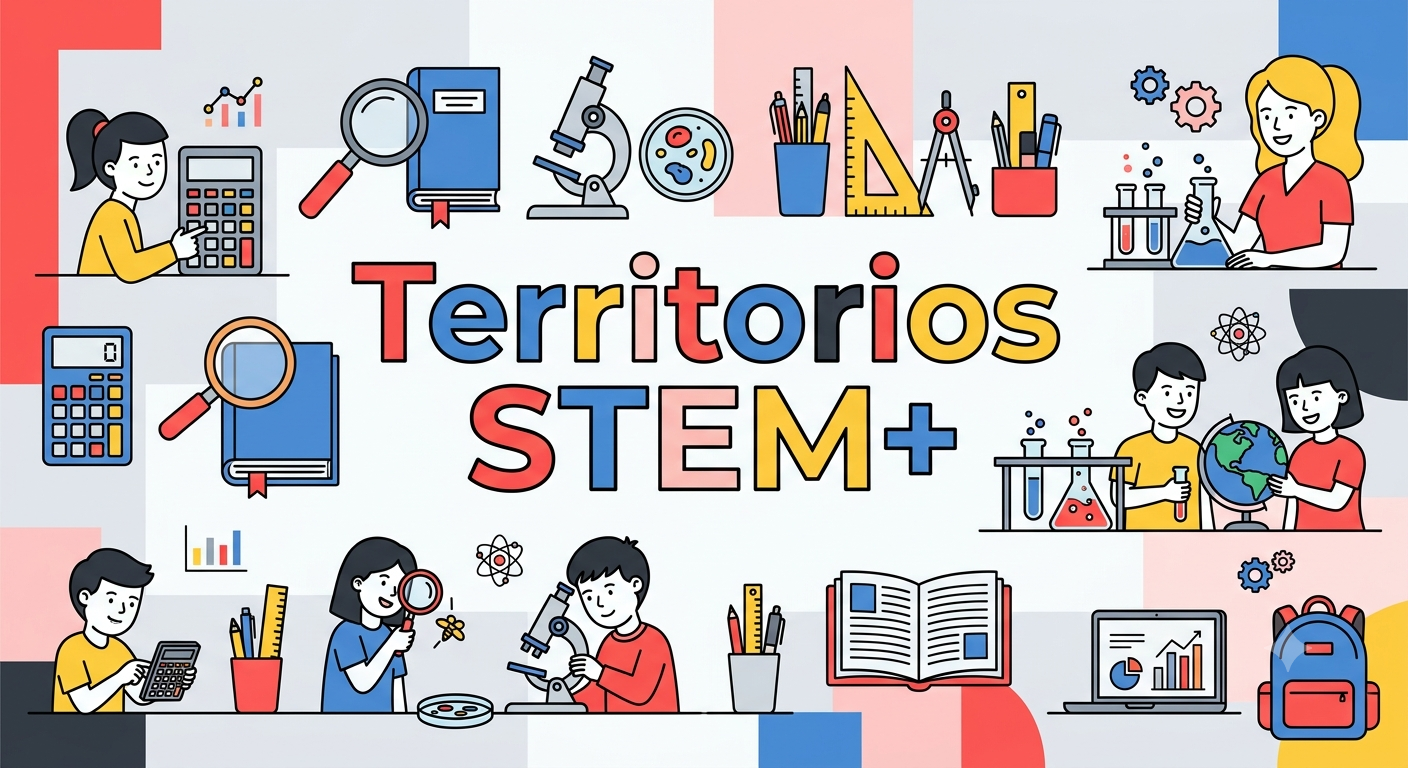 Ilustración en estilo plano de una colorida aula o estudio de ciencias y matemáticas STEM+, con estanterías y escritorios llenos de libros, un microscopio, material de laboratorio, globos terráqueos, una calculadora, herramientas de dibujo, una mochila y estudiantes interactuando con los elementos.
