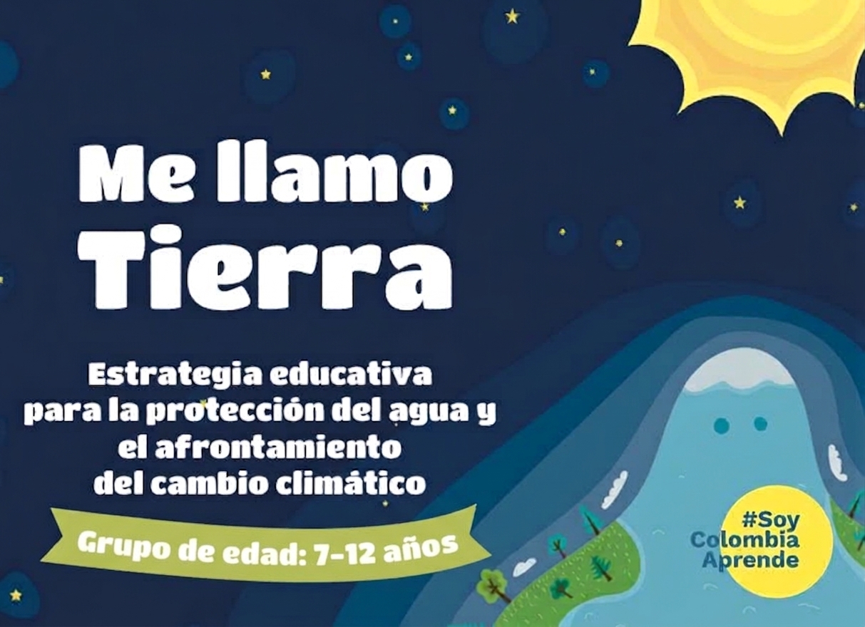 Poster educativo con el título "Me llamo Tierra: Estrategia educativa para la protección del agua y el afrontamiento del cambio climático", ilustrado con el planeta Tierra, montañas, árboles, un cielo estrellado y un sol. Con la descripción del grupo de edad 7 a 12 años al que va dirigido, en una cinta verde.