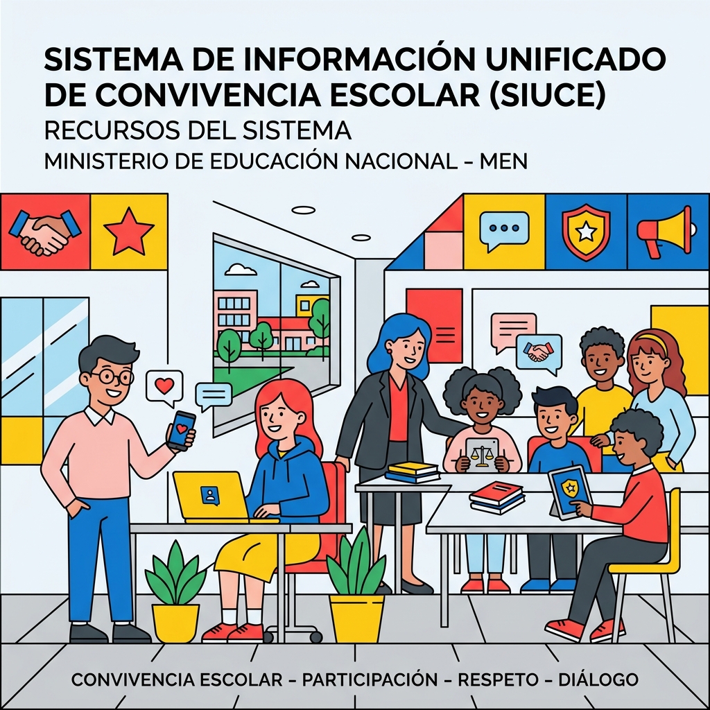 Ilustración vectorial plana. Muestra a un grupo de estudiantes y una docente interactuando en un entorno tecnológico con computadores y tabletas. Estilo SaaS moderno con trazos negros definidos y bloques de color plano en rojo, azul, amarillo, rosa claro y gris. En la parte superior se lee el título "Sistema de Información Unificado de Convivencia Escolar (SIUCE)" y en la inferior las palabras "Convivencia Escolar - Participación - Respeto - Diálogo".