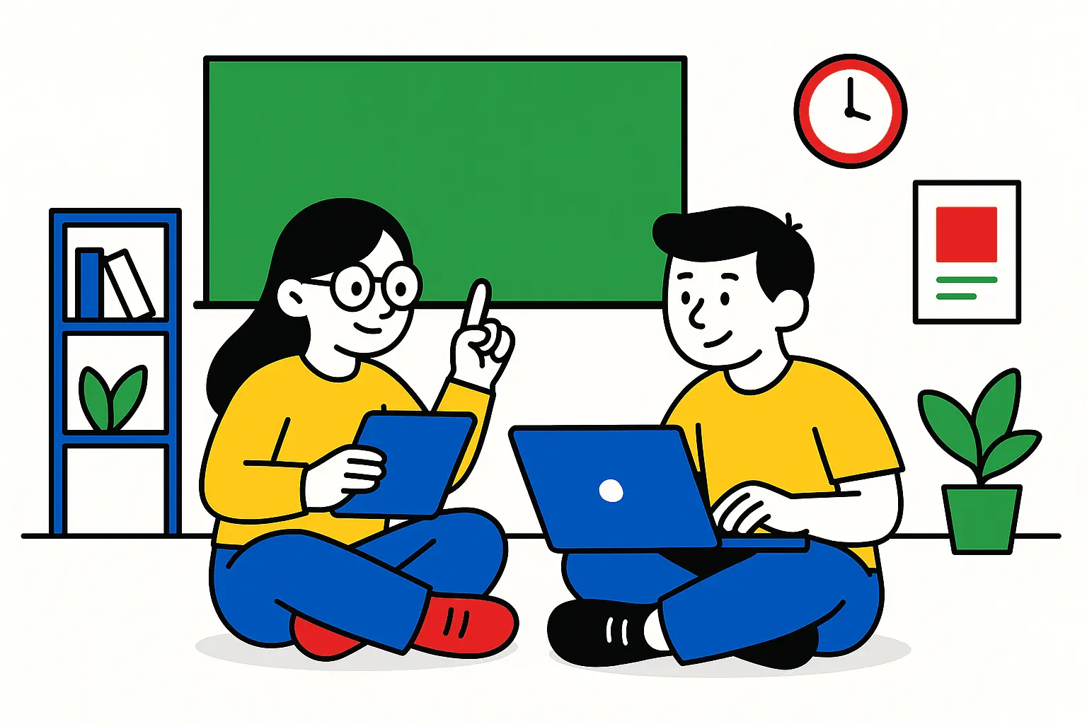 Ilustración de dos personas estudiando juntas en un espacio interior con una tableta y un computador portátil, representando el aprendizaje colaborativo apoyado en recursos digitales.