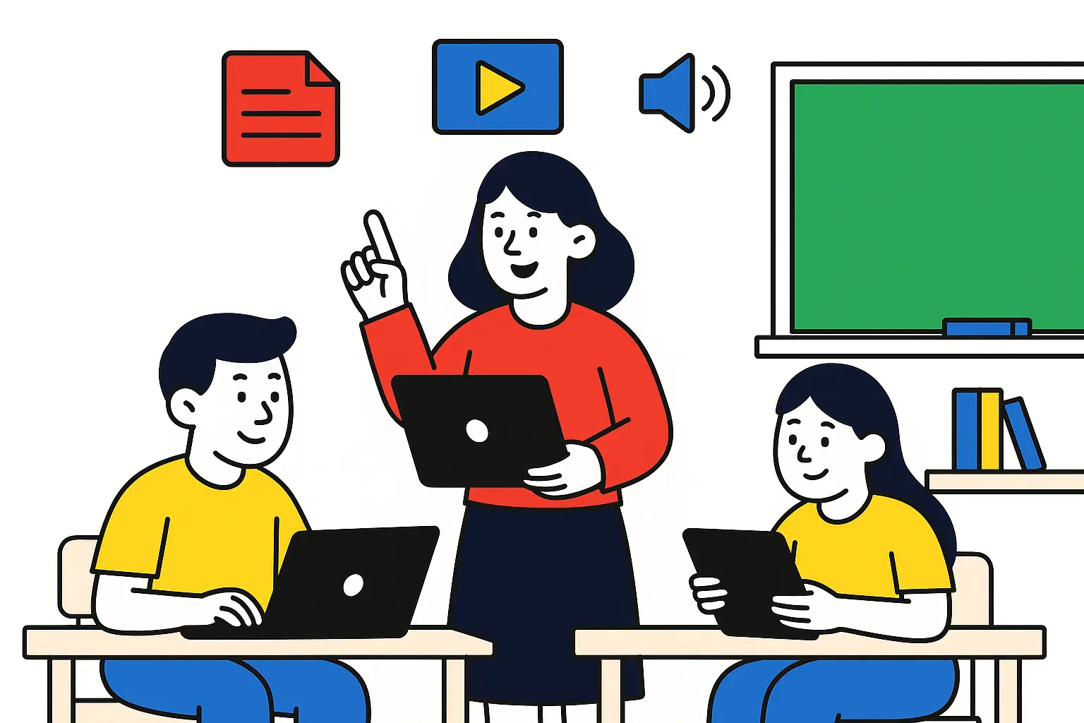 Ilustración de una docente orientando a estudiantes que utilizan computadores portátiles y tabletas para acceder a contenidos educativos digitales.