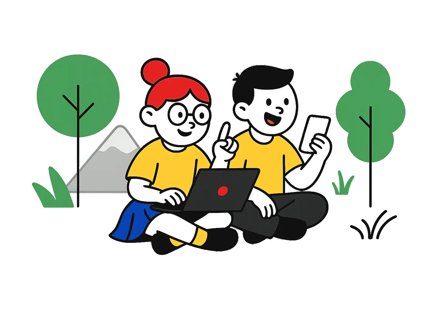 Ilustración de niños al aire libre utilizando materiales educativos, mostrando que se puede aprender en cualquier lugar.