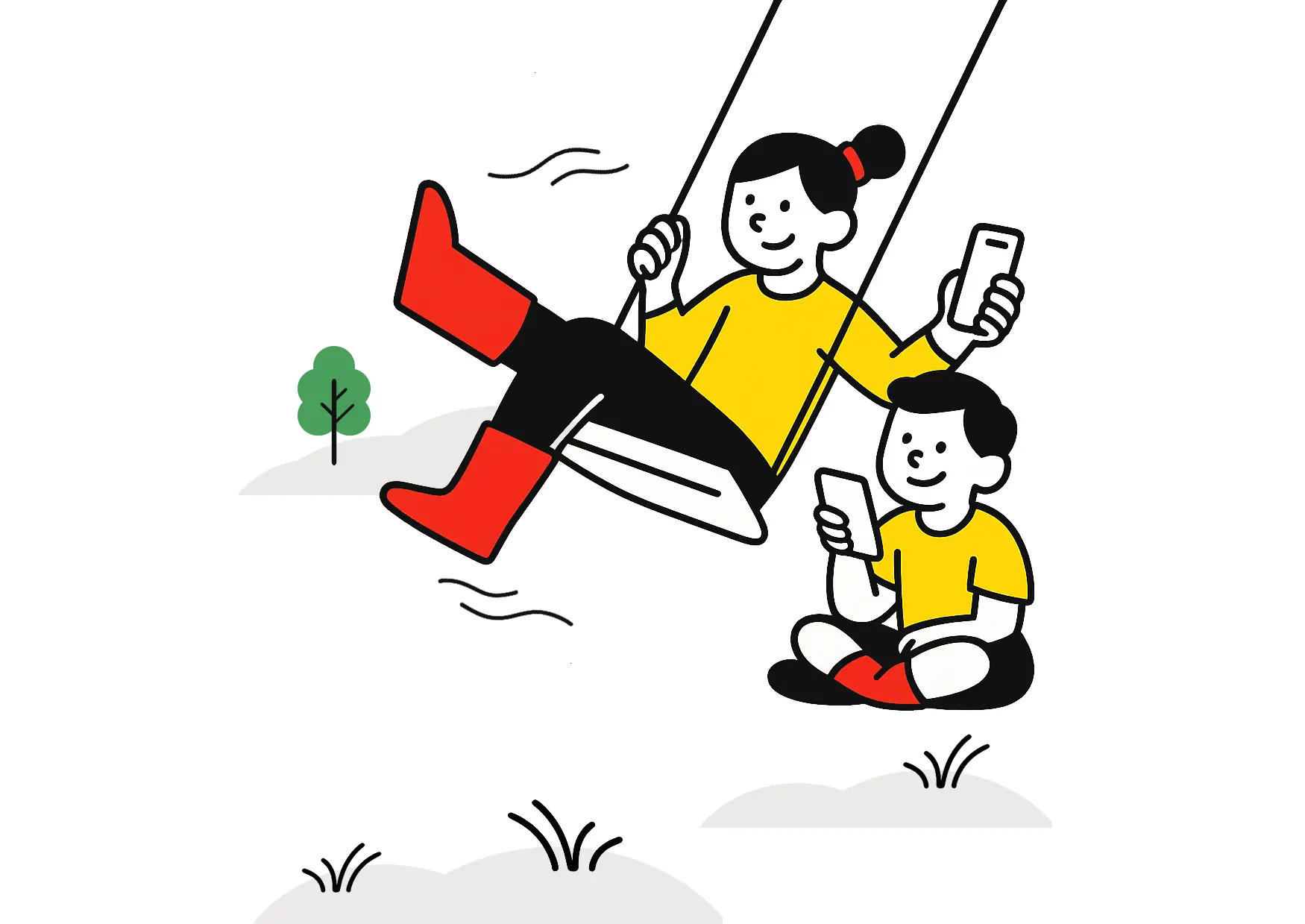 Ilustración de niños jugando en un columpio al aire libre, representando experiencias de aprendizaje en entornos cotidianos.