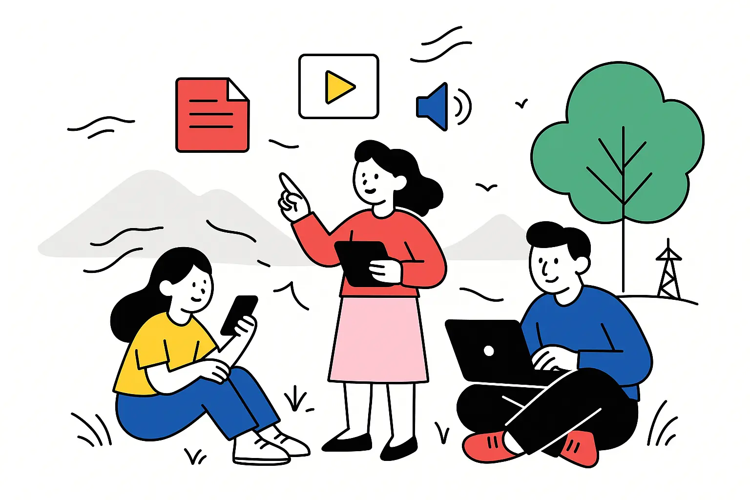 Ilustración de jóvenes estudiando juntos en un entorno exterior para representar aprendizaje flexible y accesible.