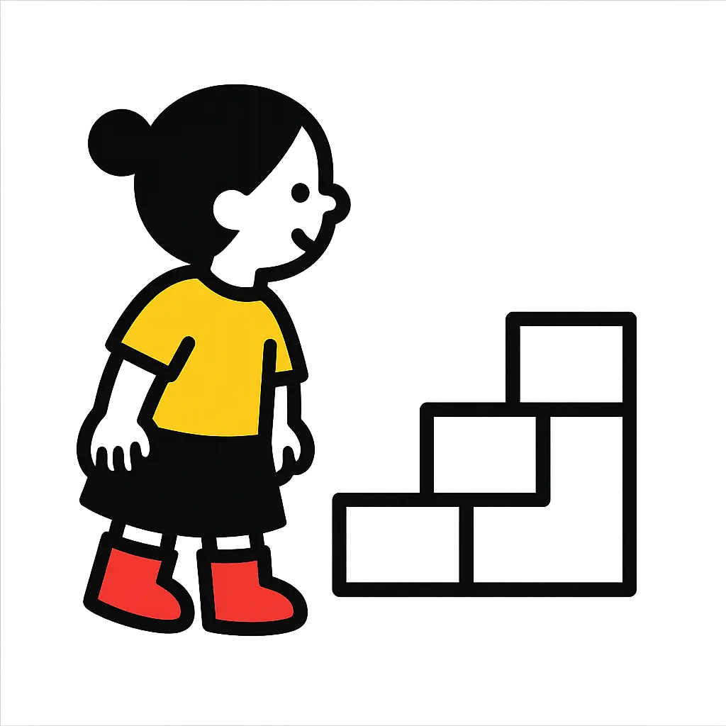 Ilustración de una niña junto a bloques escalonados que representan la selección del nivel educativo para iniciar la búsqueda de contenidos.