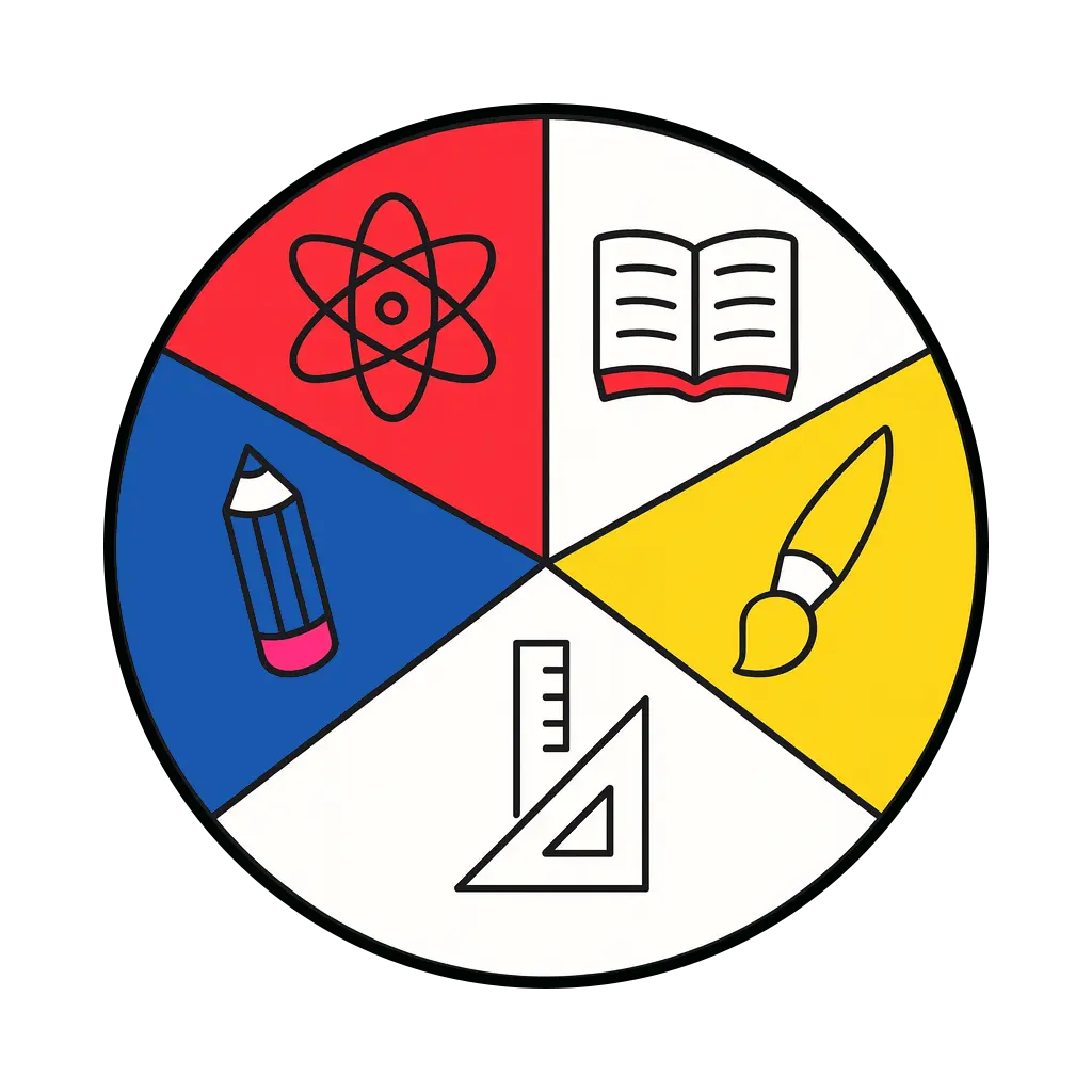 Ilustración circular con íconos de distintas áreas del conocimiento que representa la selección de un área temática para encontrar contenidos educativos.