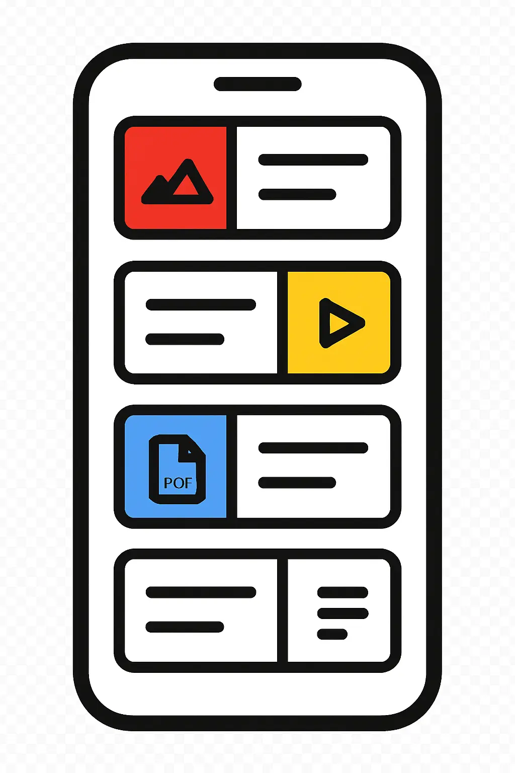 Ilustración de un dispositivo móvil con tarjetas de contenido educativo que representa el acceso a los recursos más consultados según el grado.