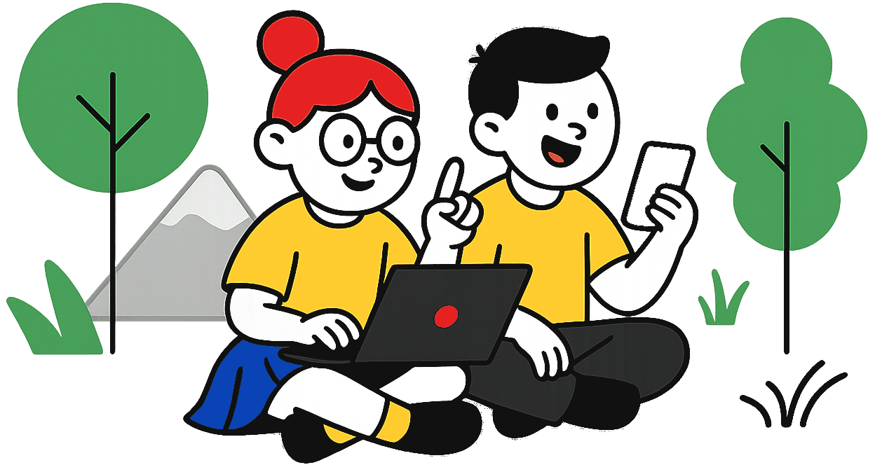 Ilustración de niños al aire libre utilizando materiales educativos, mostrando que se puede aprender en cualquier lugar.