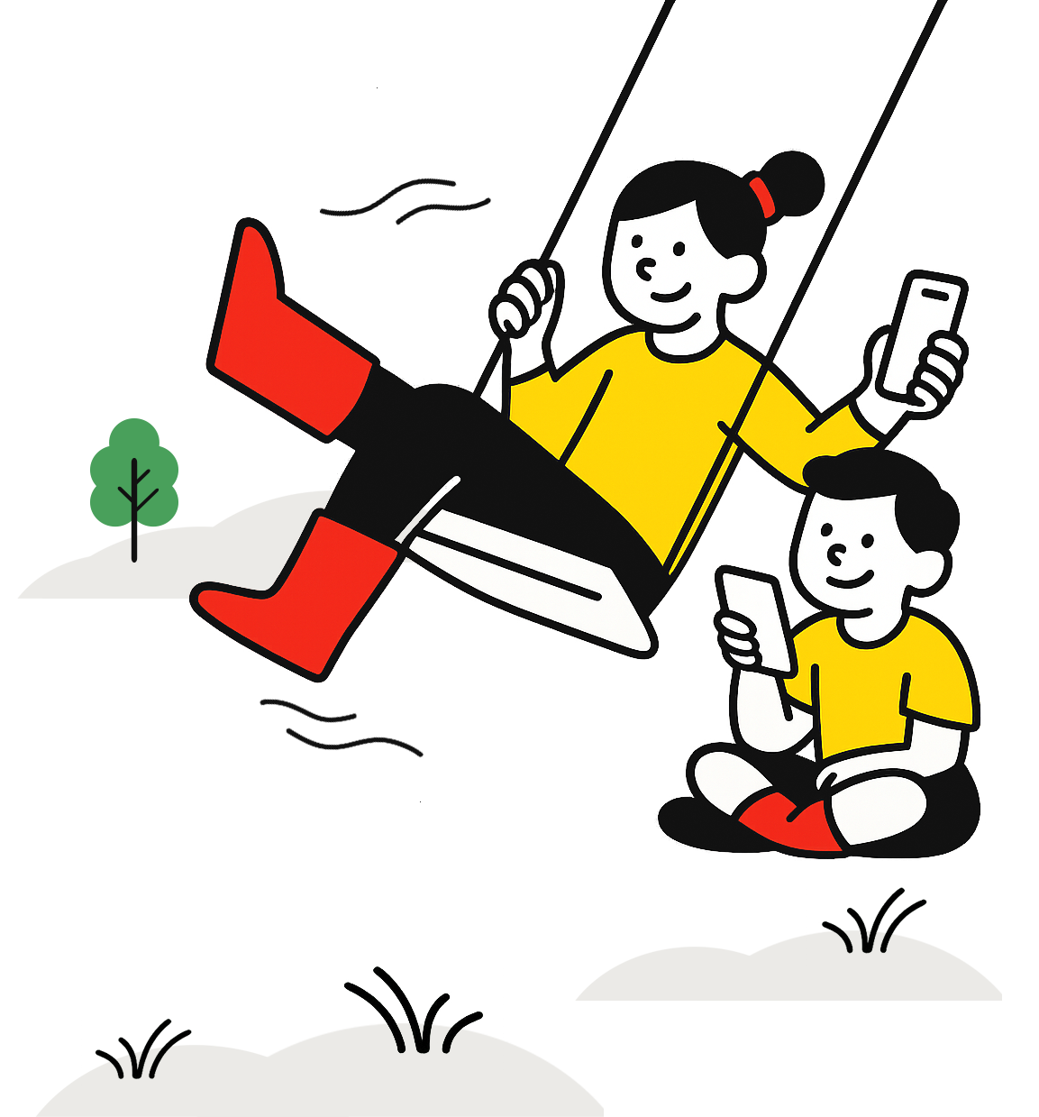 Ilustración de niños jugando en un columpio al aire libre, representando experiencias de aprendizaje en entornos cotidianos.