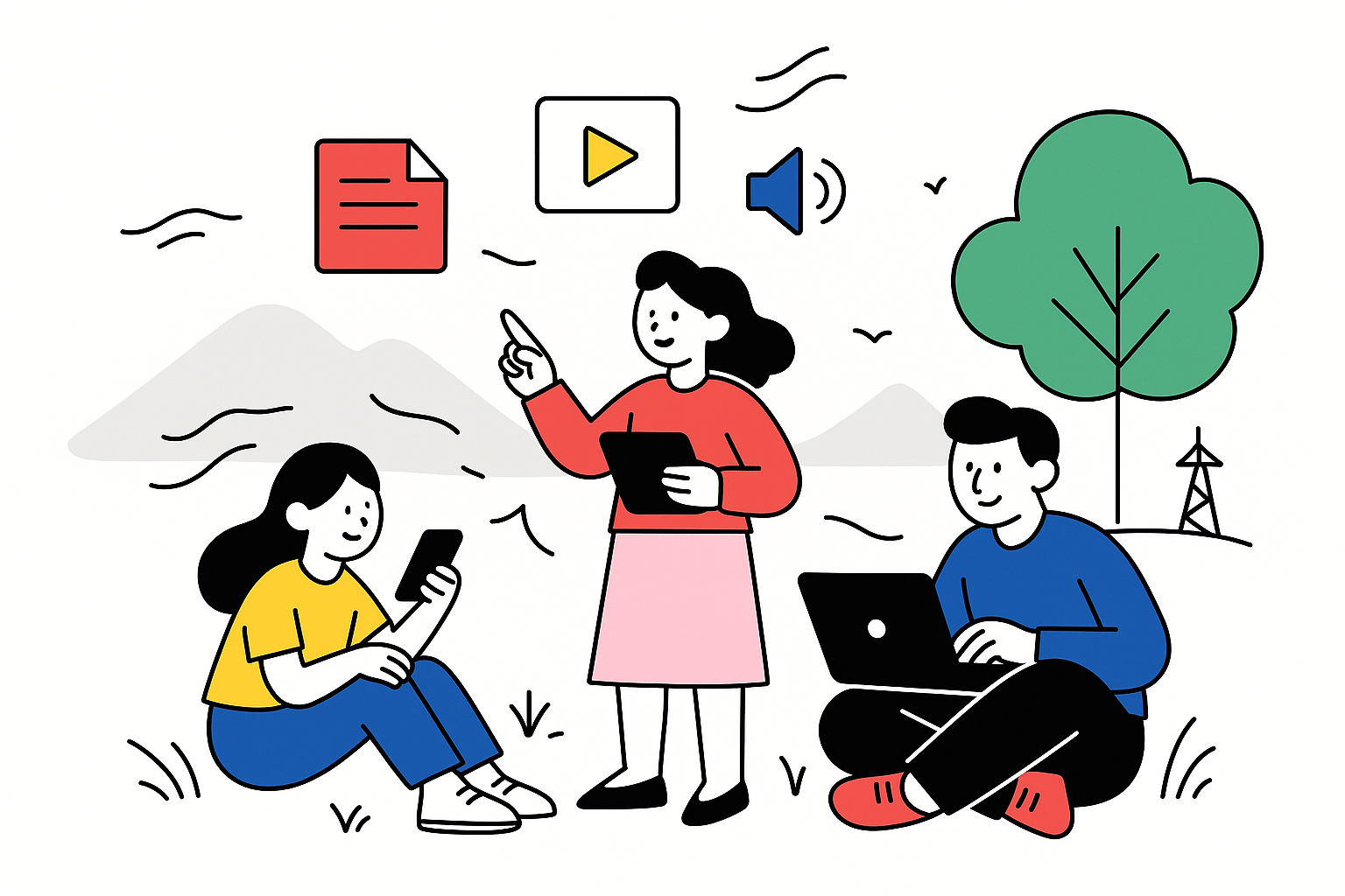 Ilustración de jóvenes estudiando juntos en un entorno exterior para representar aprendizaje flexible y accesible.